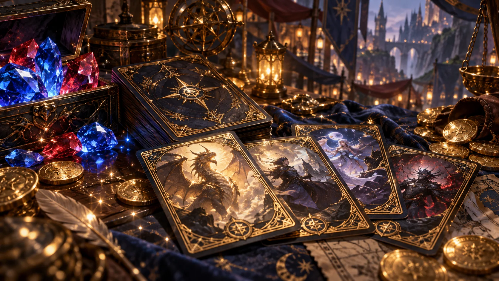 Cartas mágicas e cristais sobre uma mesa